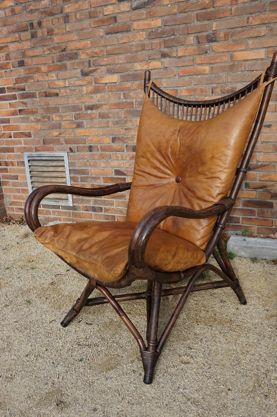 Vintage Rotan/bamboe Fan Back Lounge Chair Met Leren Kussens, Jaren 60, Toegeschreven Aan Rohé No image 4