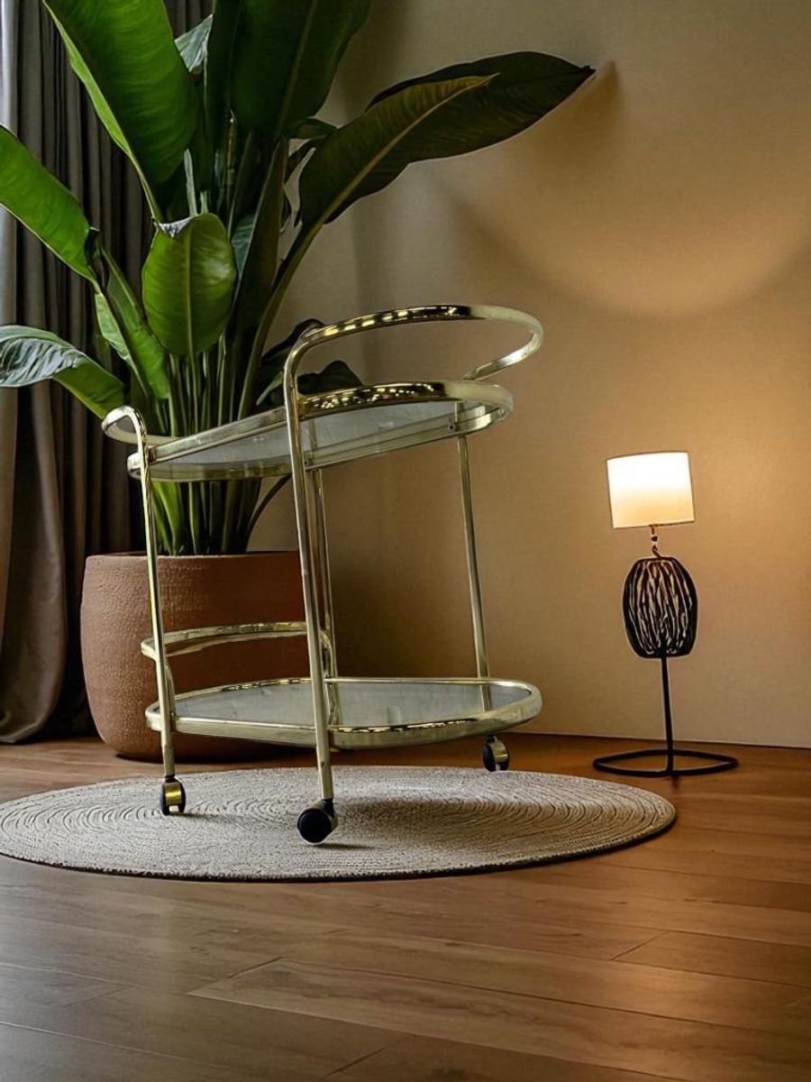 Vintage Gouden Barcart / Bijzettafeltje Met Fumé Glas image 6