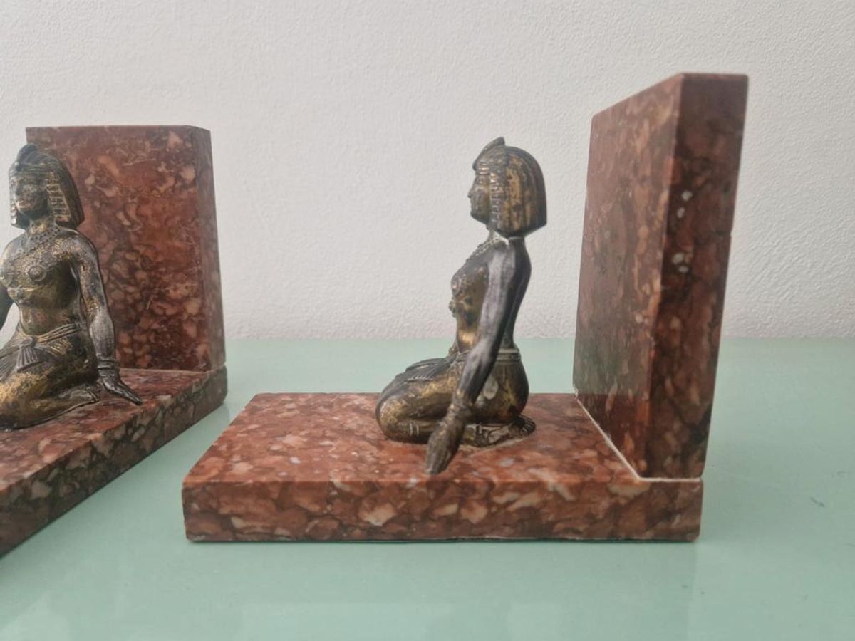 Art Deco Egyptian Revival Brons En Marmeren Boekensteunen image 4