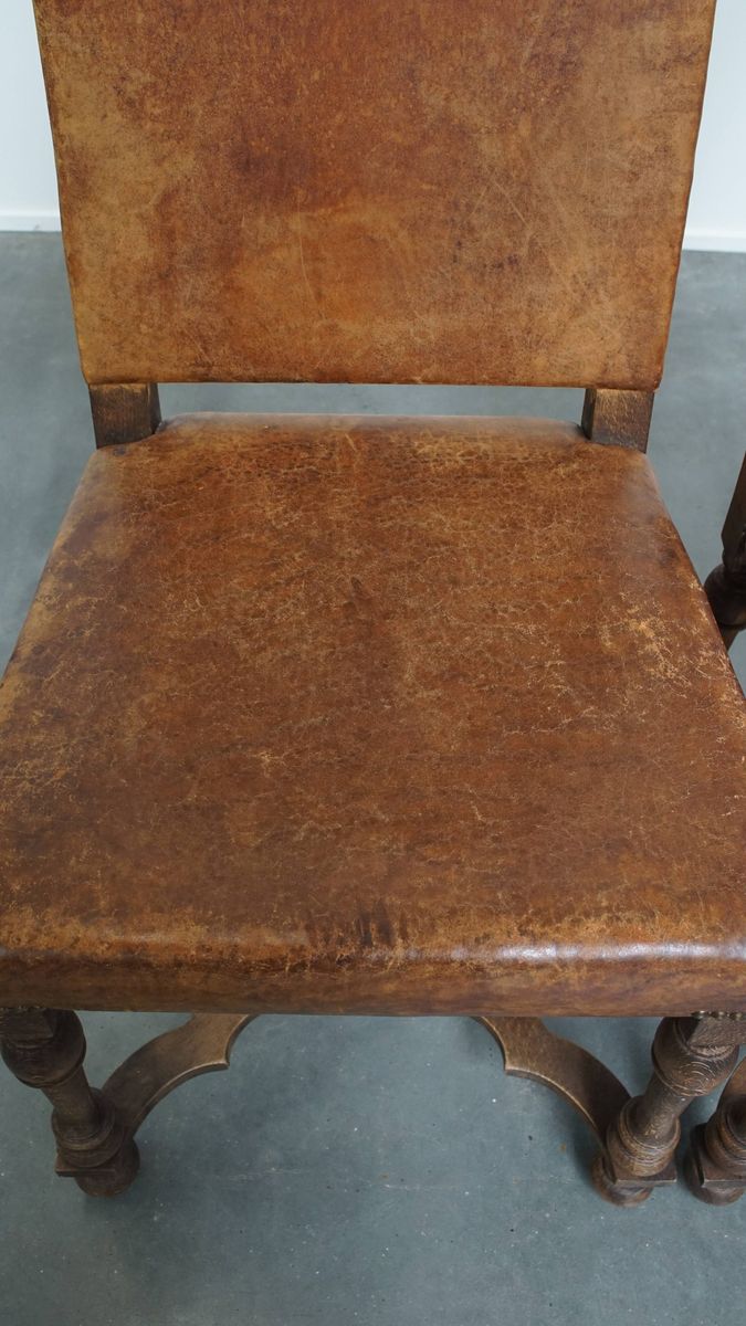 Set Van 2 Antieke Houten En Schapenleren Eetkamerstoelen Met Een Mooi Patina Uit Begin 1900 image 5