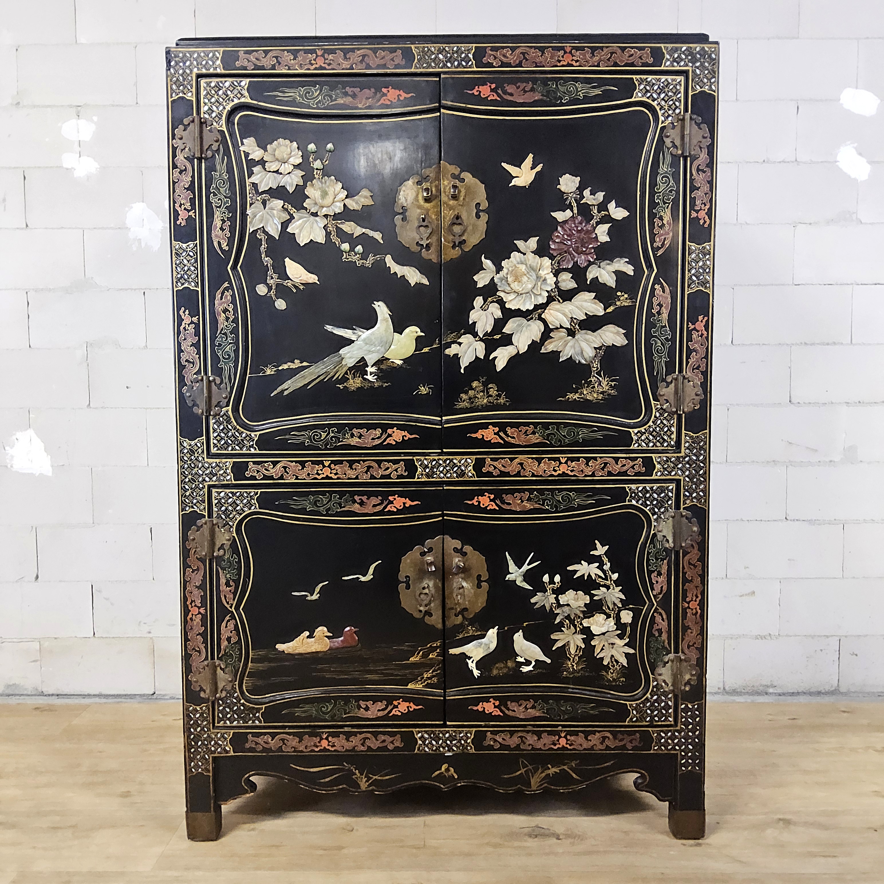 Vintage Chinese Lakkast Vogels Bloemen (speksteen) Bohemian Kast / Oosterse Kast / Aziatische Kast image 2