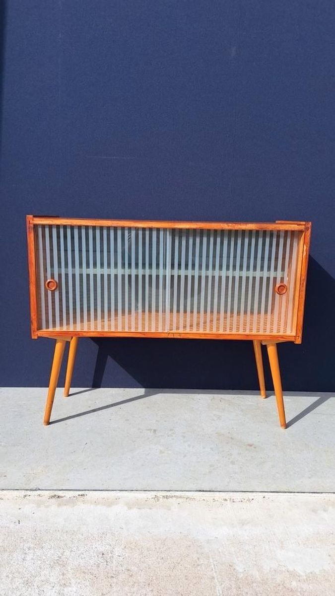 Vintage Kastje Met Schuifdeurtjes, Gestreept Glas, Kast image 6