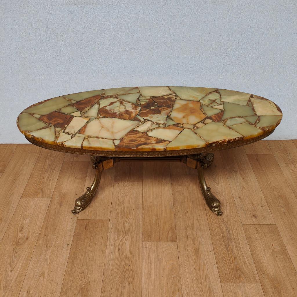 Vintage Ovale Messing Salontafel Koffietafel Met Marmer Blad image 3