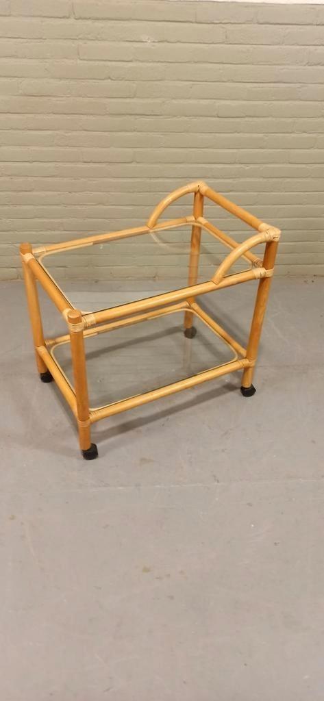Vintage Boho Bamboe En Glas Trolley Barcart Serveerwagen image 4