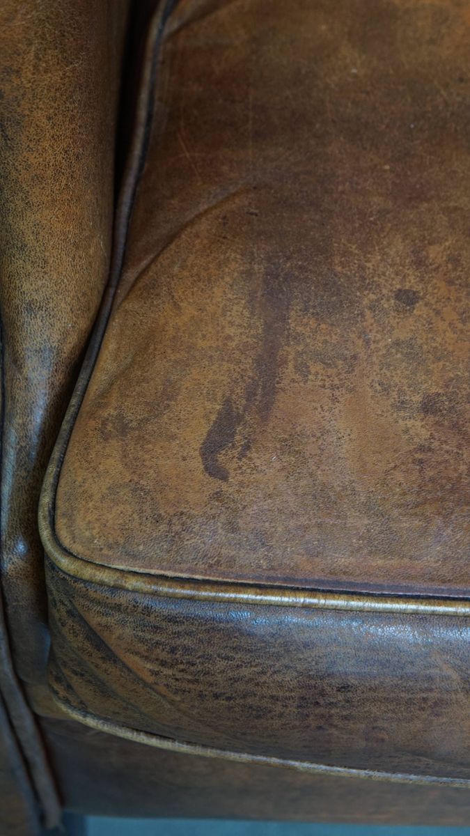 Geweldige, Karaktervolle Vintage Schapenleren Oorfauteuil Met Een Mooi Patina image 13