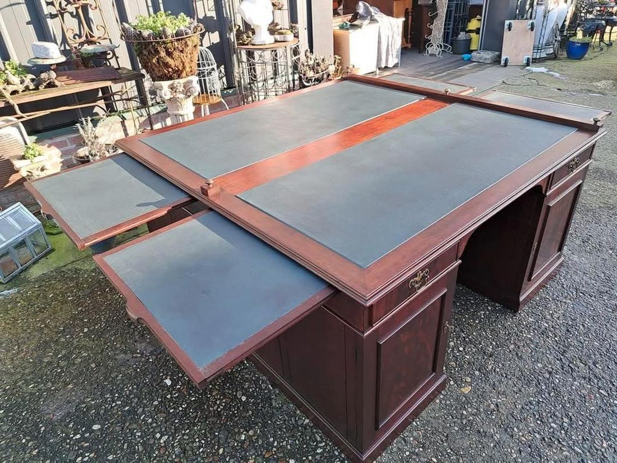 Groot Antiek Partnerdesk, Bureau, Schrijftafel Met Ingelegd image 7
