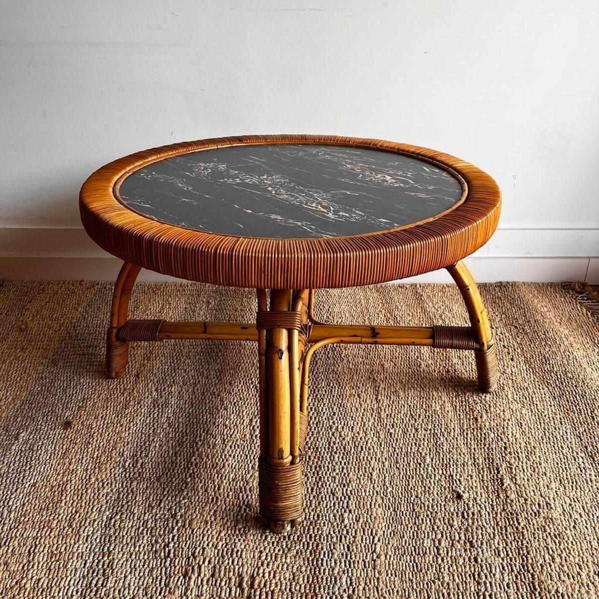 Sale ! Rotan Bamboe Salontafel Met Marmer Look Vintage image 7
