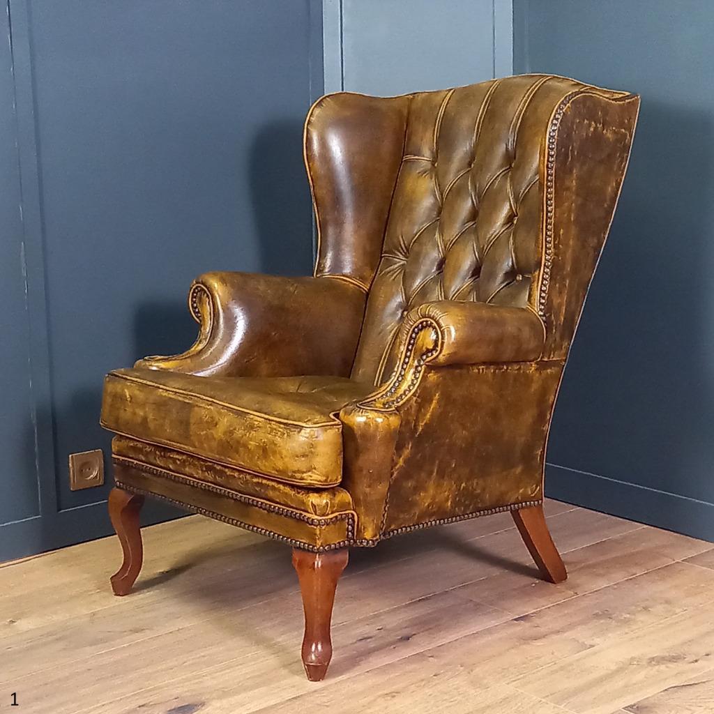 Cognackleurige Chesterfield Wingback Fauteuil (2x) image 3