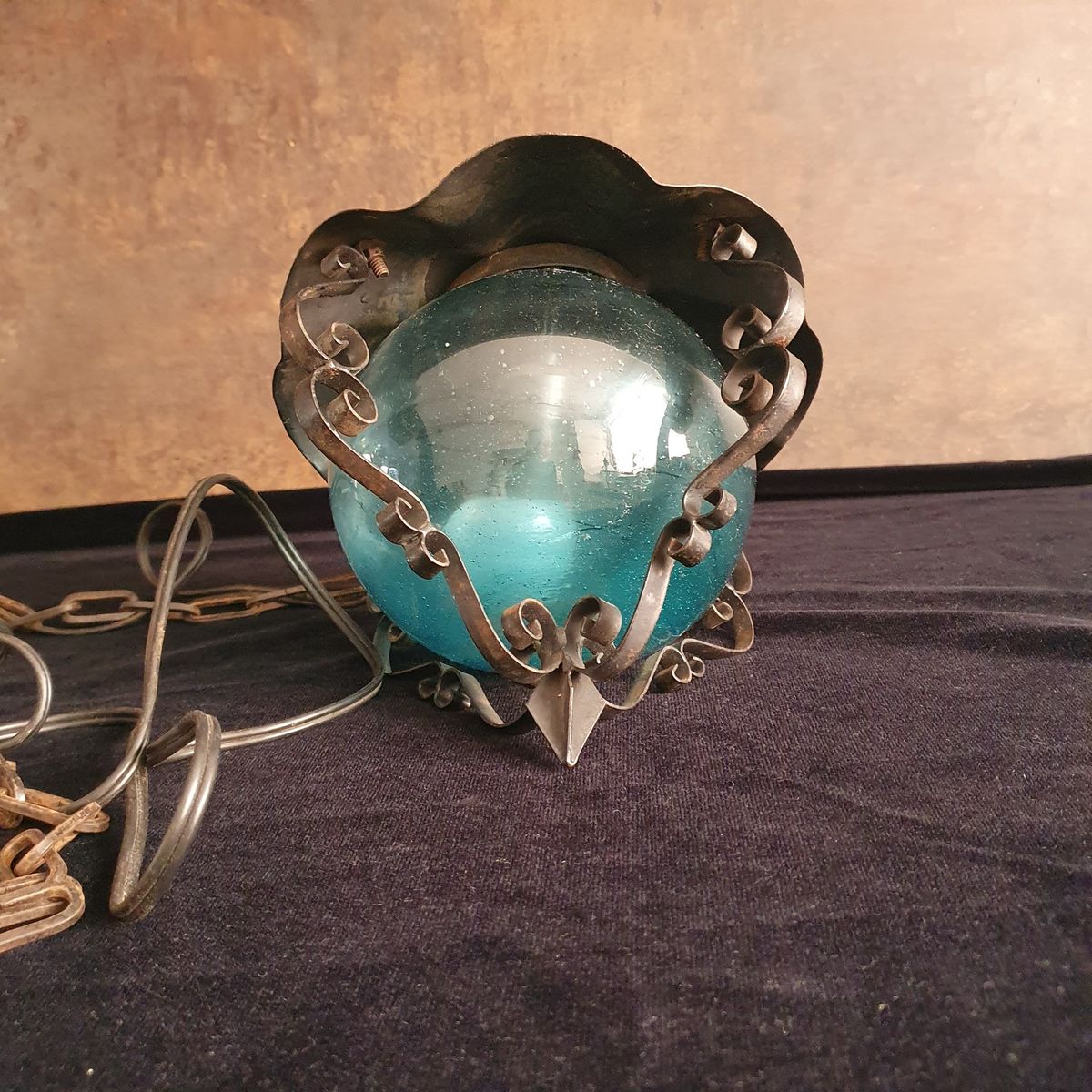 Vintage - Hanglamp - Plafondlamp - Blauw Glas - Metaal En Glas. image 8