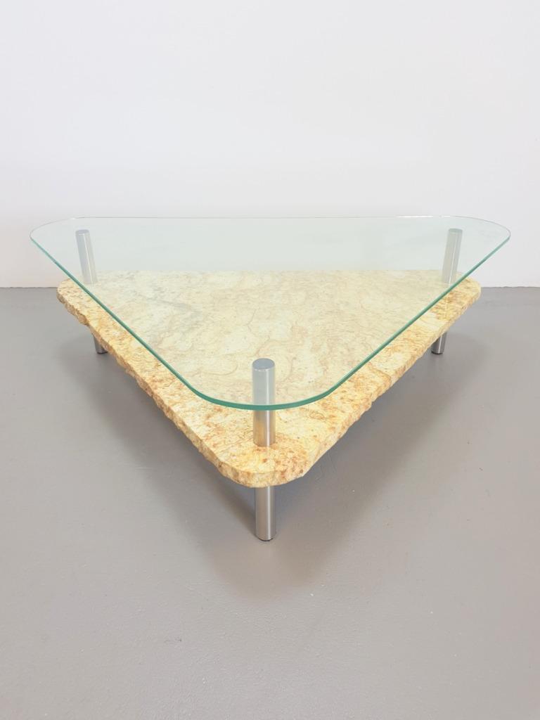 Vintage Traingel Brutalist Salontafel Marmer Glas Tafel '70 image 4