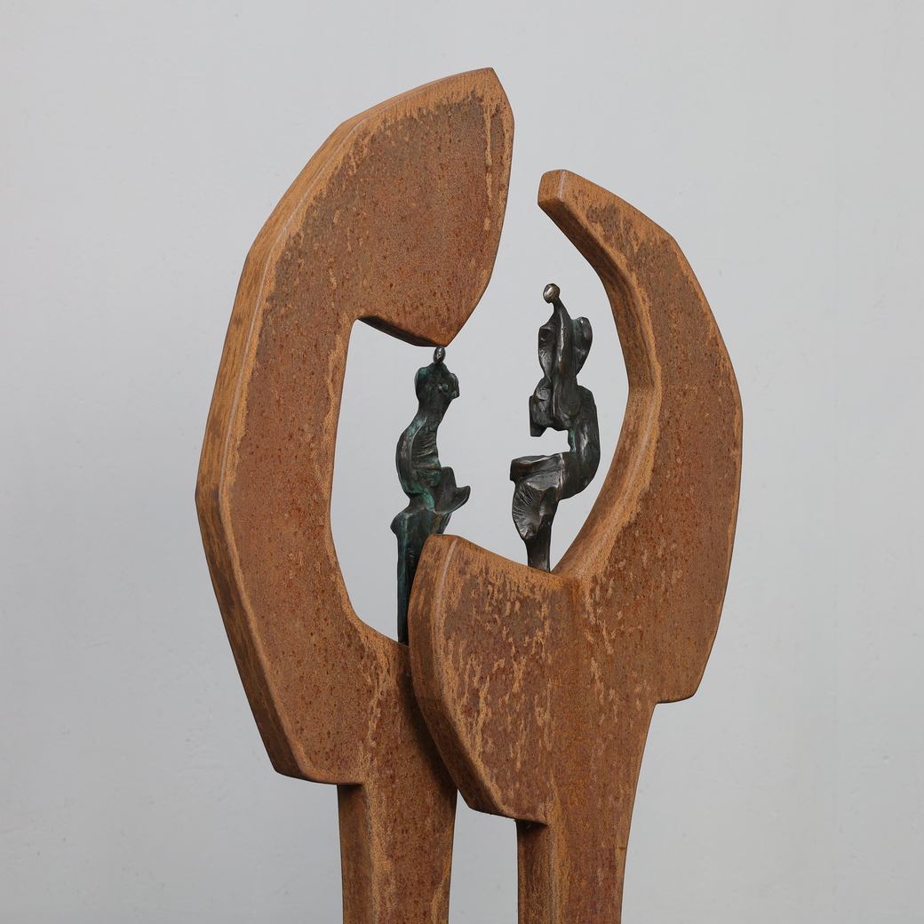 Contemporary Stone & Metal Sculpture With Bronze Figures image 6