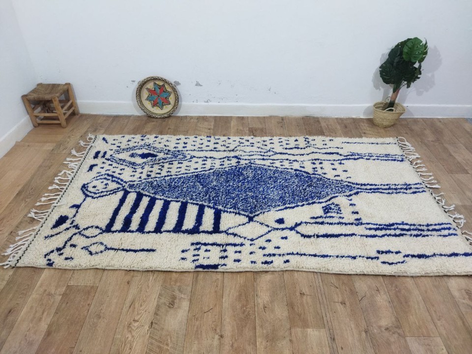 Handgeweven Marokkaanse Berber Tapijt - Blauw En Wit Abstract Geometrisch Design (264X150 Cm) image 3