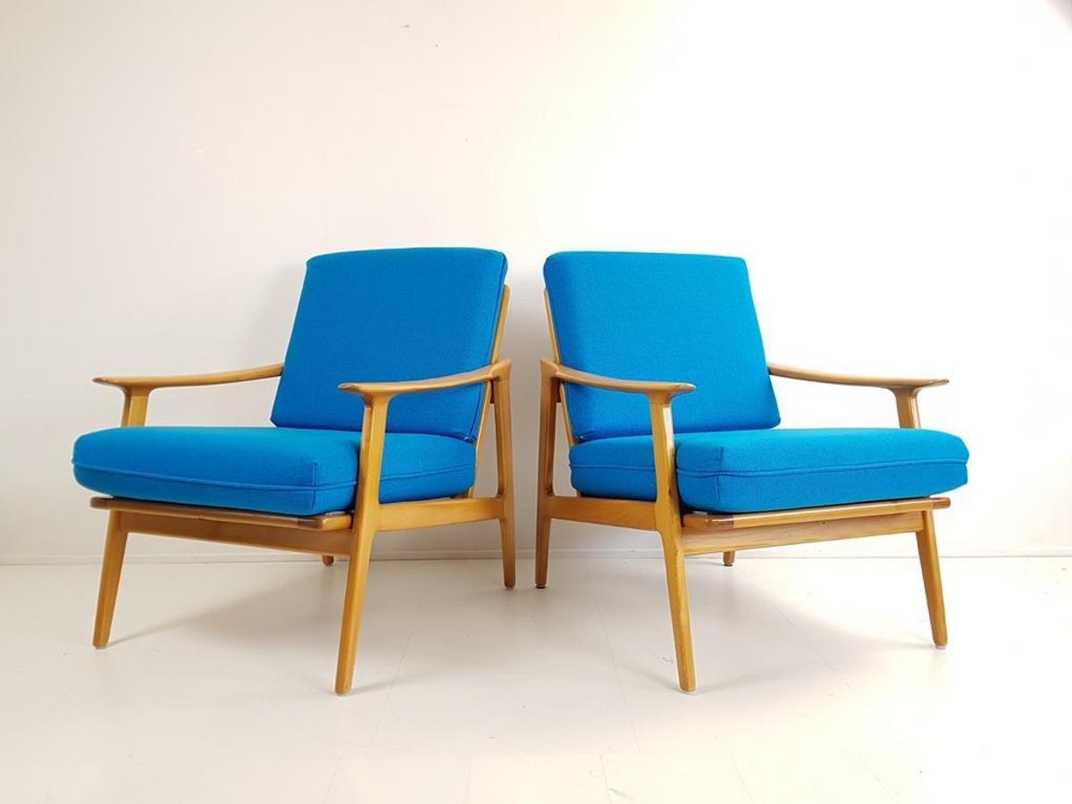 2 Blauwe Fauteuils | Wollen Ploegstof Blauw Vintage image 6