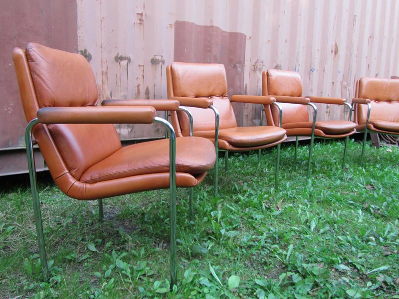 4 Vintage Cognac Leren Lounge Stoelen Artifort Geoffrey Harcourt image 3