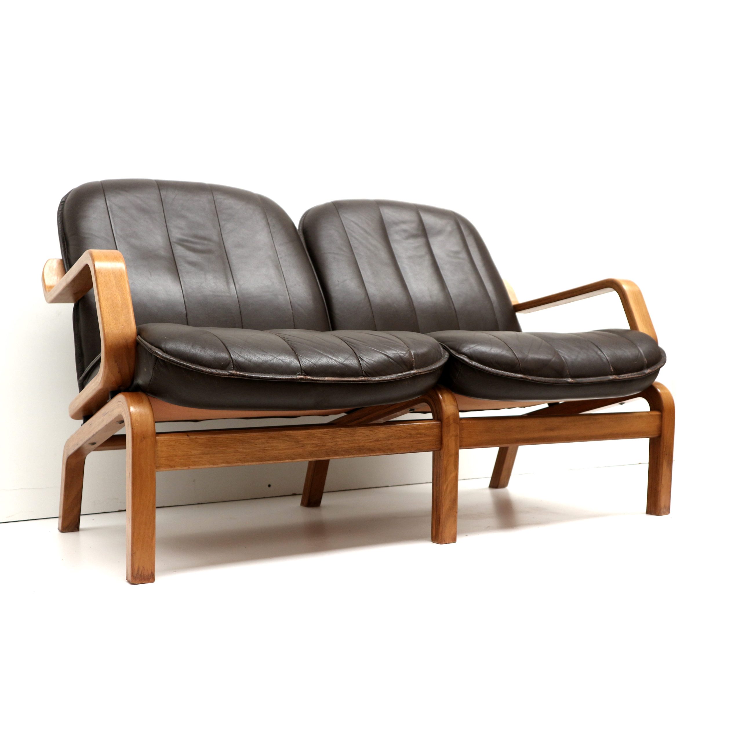 Vintage Deense 2-Zits Bank Met Lederen Bekleding Uit De Jaren '70 image 3