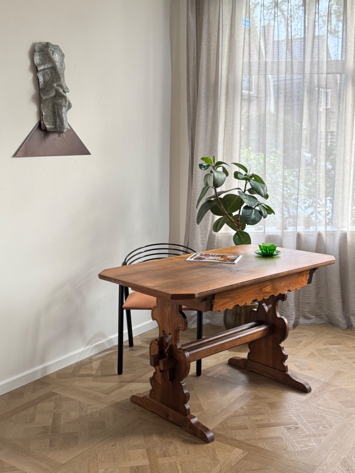 Antique German / Alpine Trestle Table With Drawer image 3