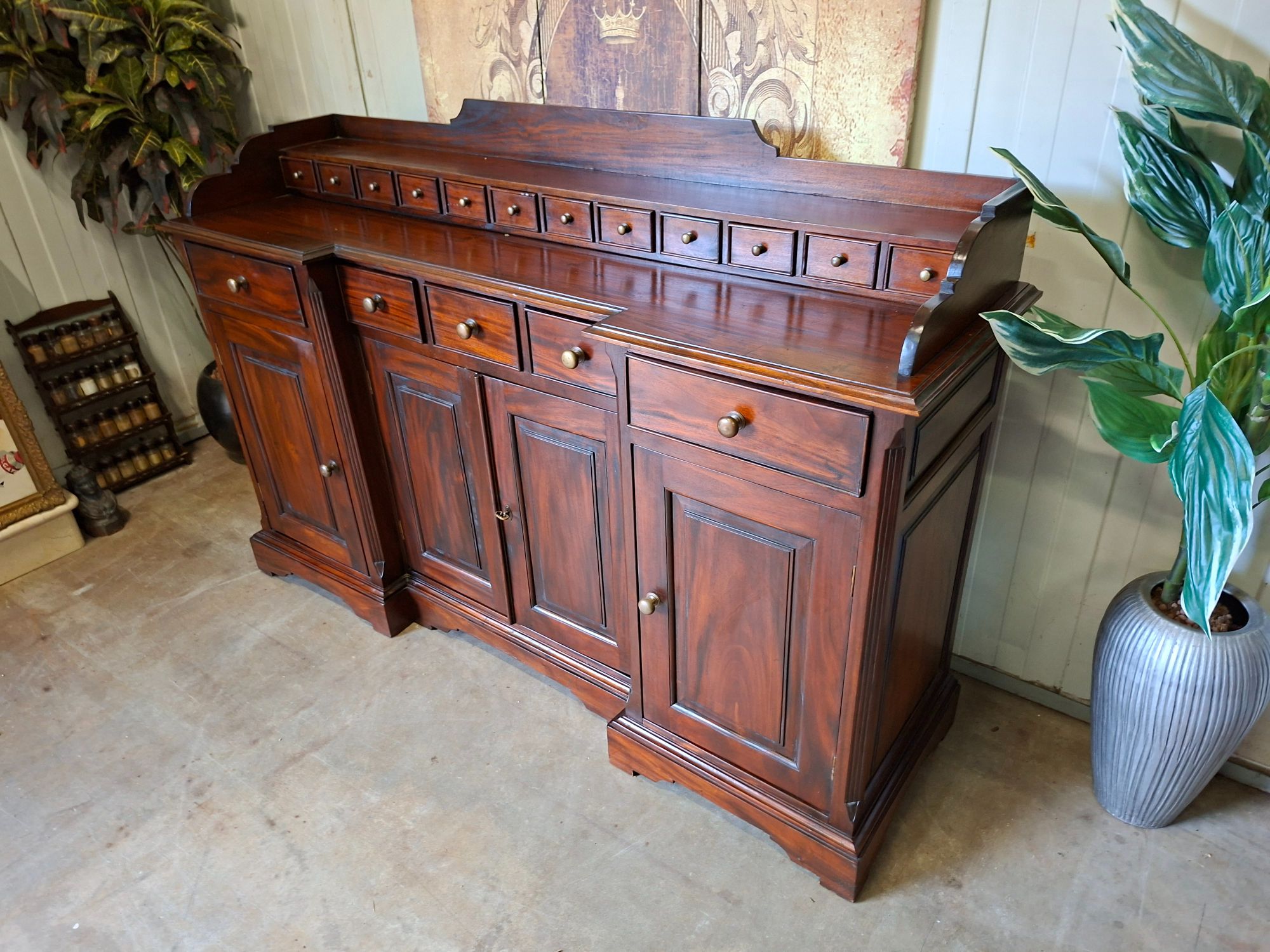 Klassiek Mahoniehouten Dressoir, Wandconsole, Commode Met Vele Lades, Afm. 165x47cm En 90/110cm Hoog. image 3