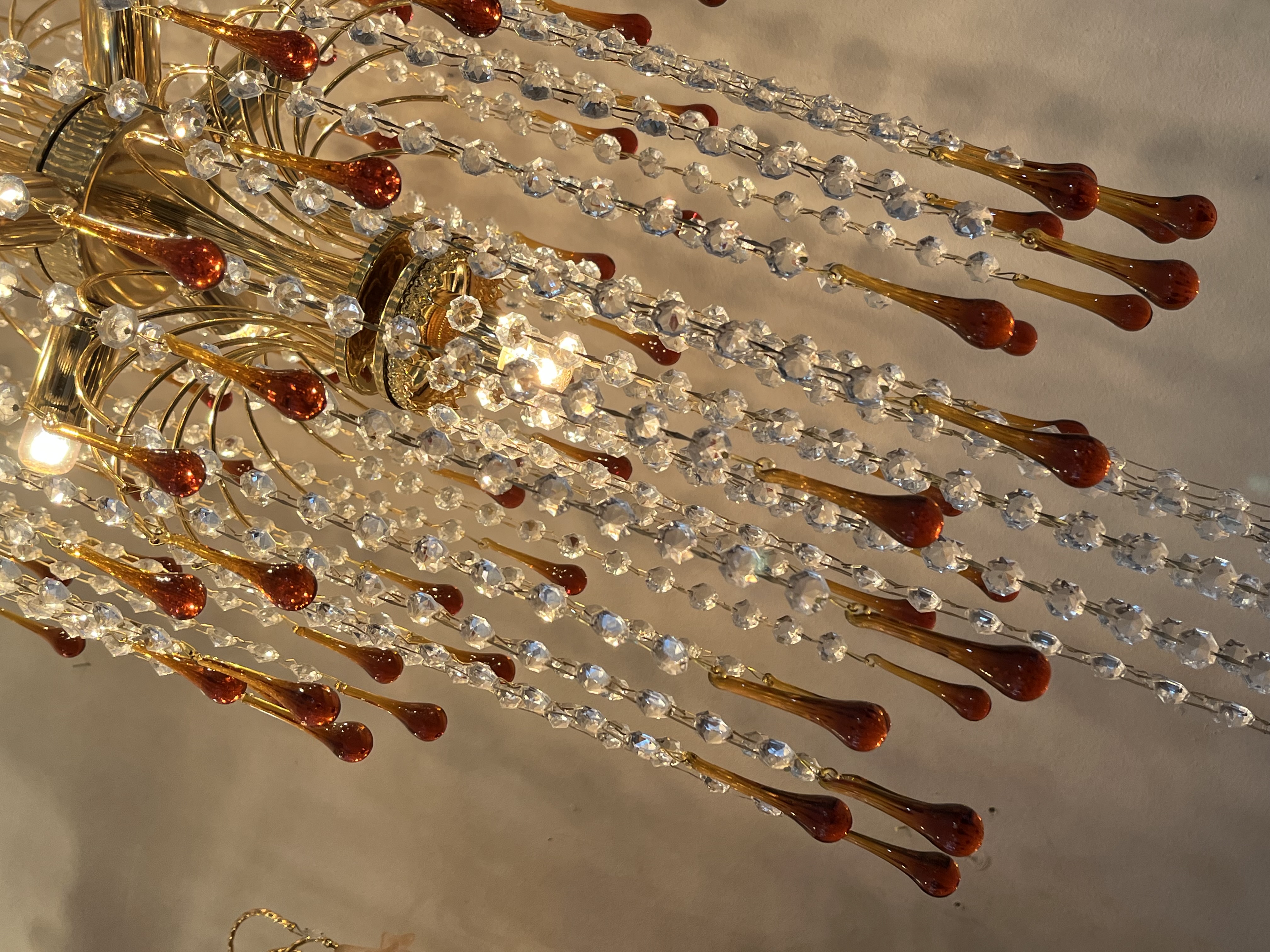 Xxxl Vintage Murano Teardrop Bruine Pegels Kroonluchter Goud Frame image 10