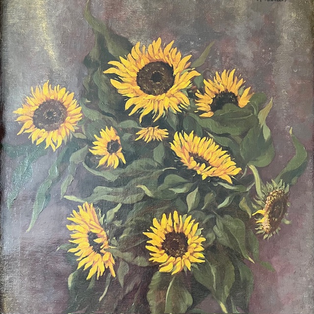 Antiek Xl Schilderij Zonnebloemen Olieverf M. Bertels 1920’s image 3