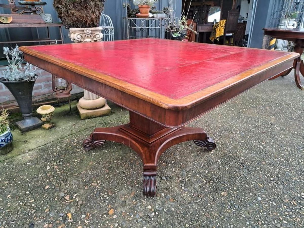 Antieke Vergadertaf Eettafel, Kaarttafel Met Ingelegde Leer, image 3