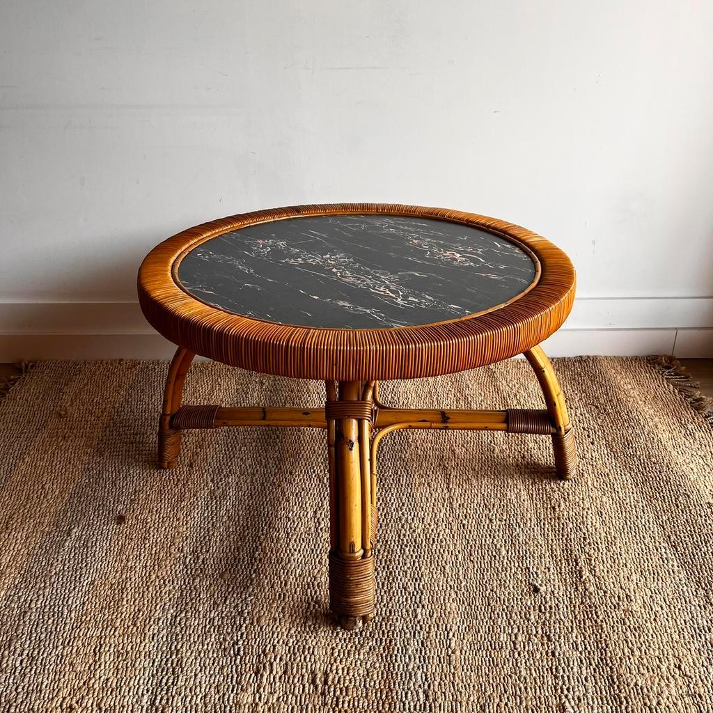 Rotan Bamboe Salontafel Mer Marmer Look Blad Vintage image 2