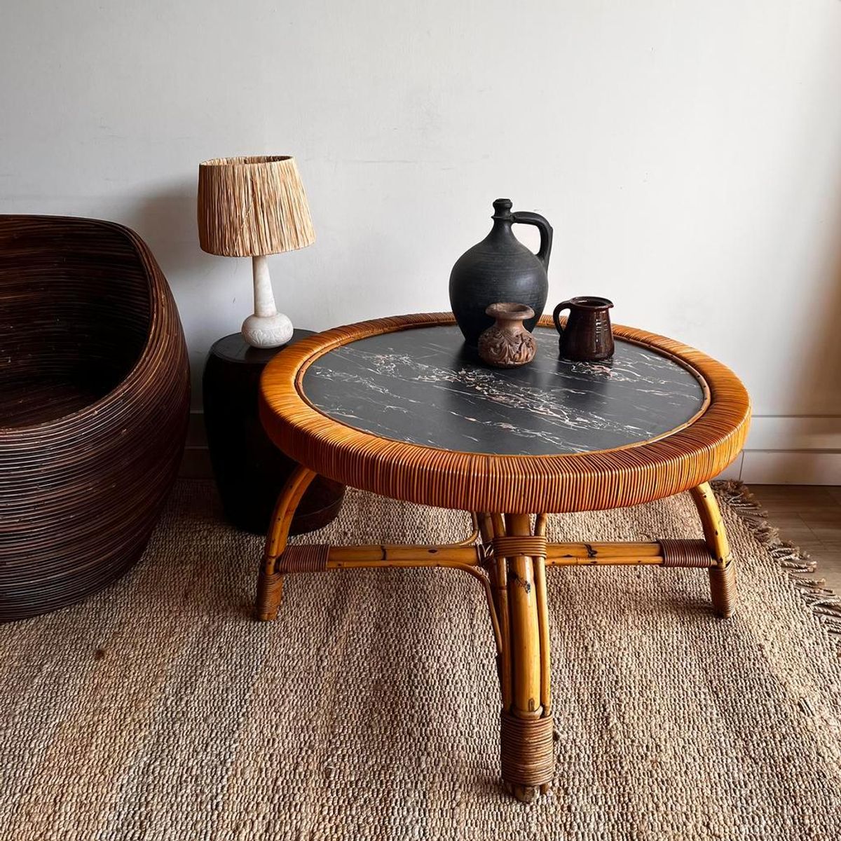 Sale ! Rotan Bamboe Salontafel Met Marmer Look Vintage image 2