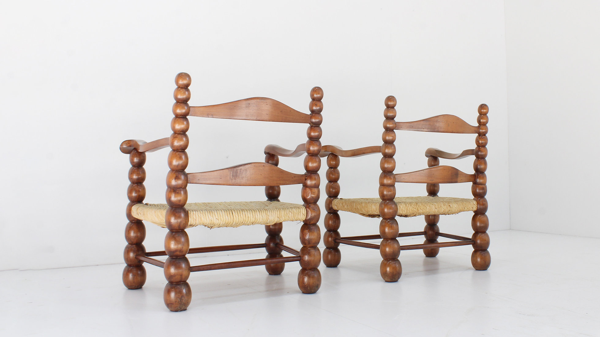 Set Of Oak And Rush Bobbin Armchairs Attributed To Charles Dudouyt, 1940S image 11