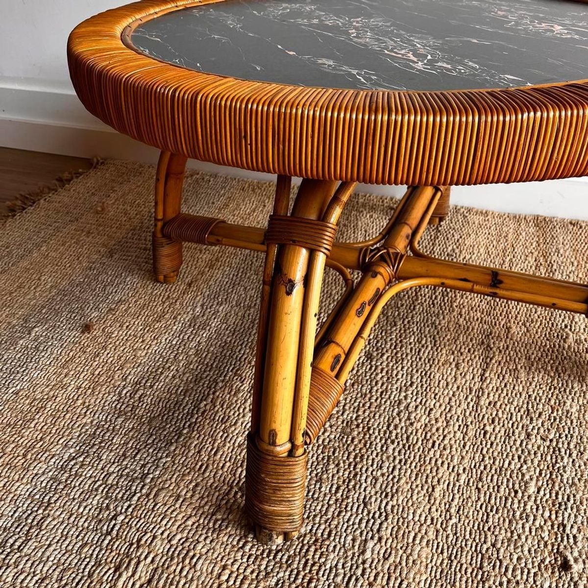 Sale ! Rotan Bamboe Salontafel Met Marmer Look Vintage image 5