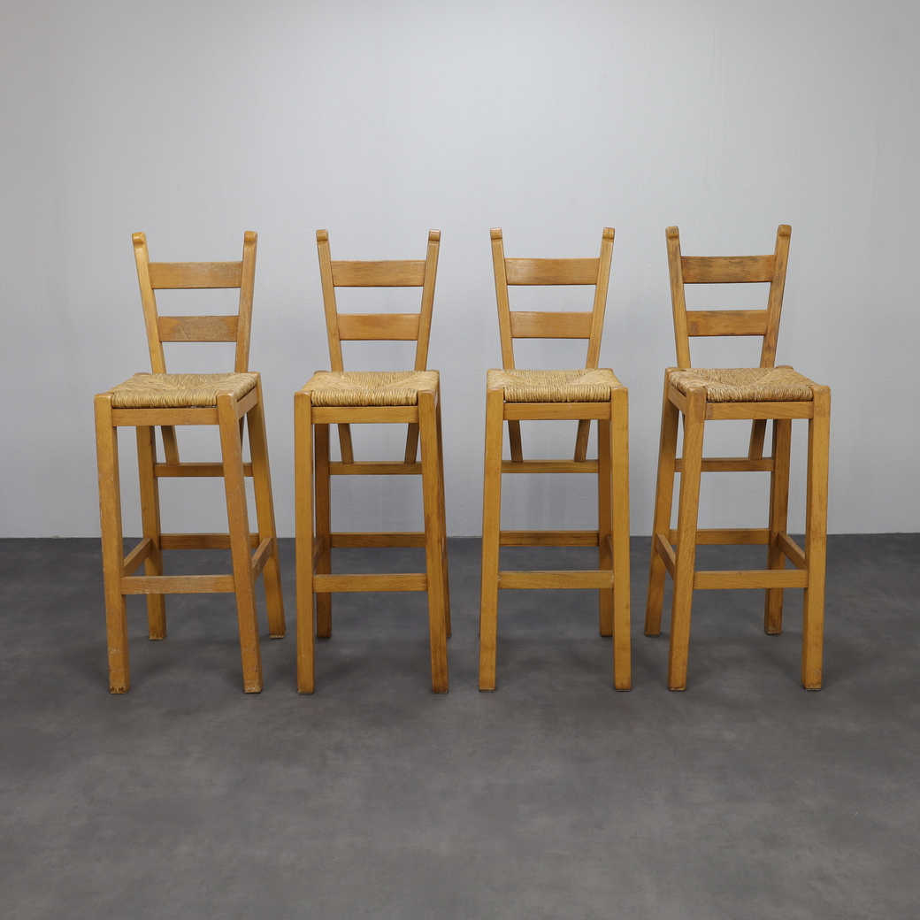 Set Of 4 Bar Stools In Solid Oak And Rattan, 1970s image 2