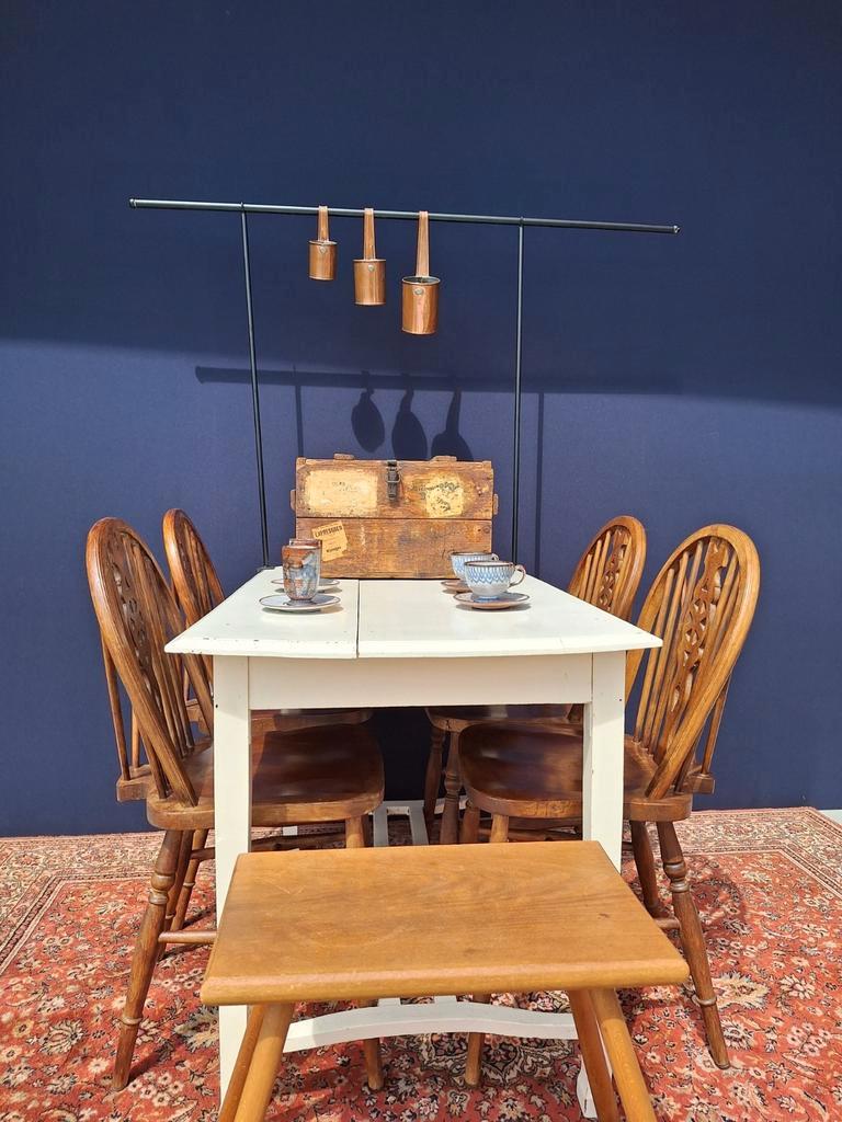 Brocante Vintage Landelijke Eikenhouten Witte Eettafel Tafel image 14