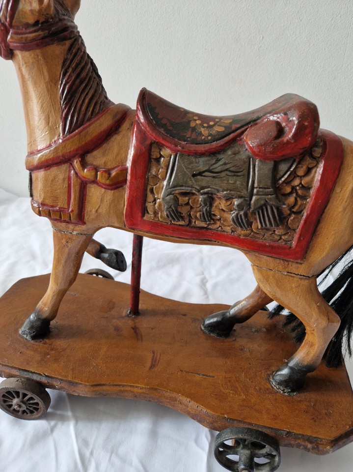 Vintage Hand-carved Wood Horse Toy Old 45cm image 4