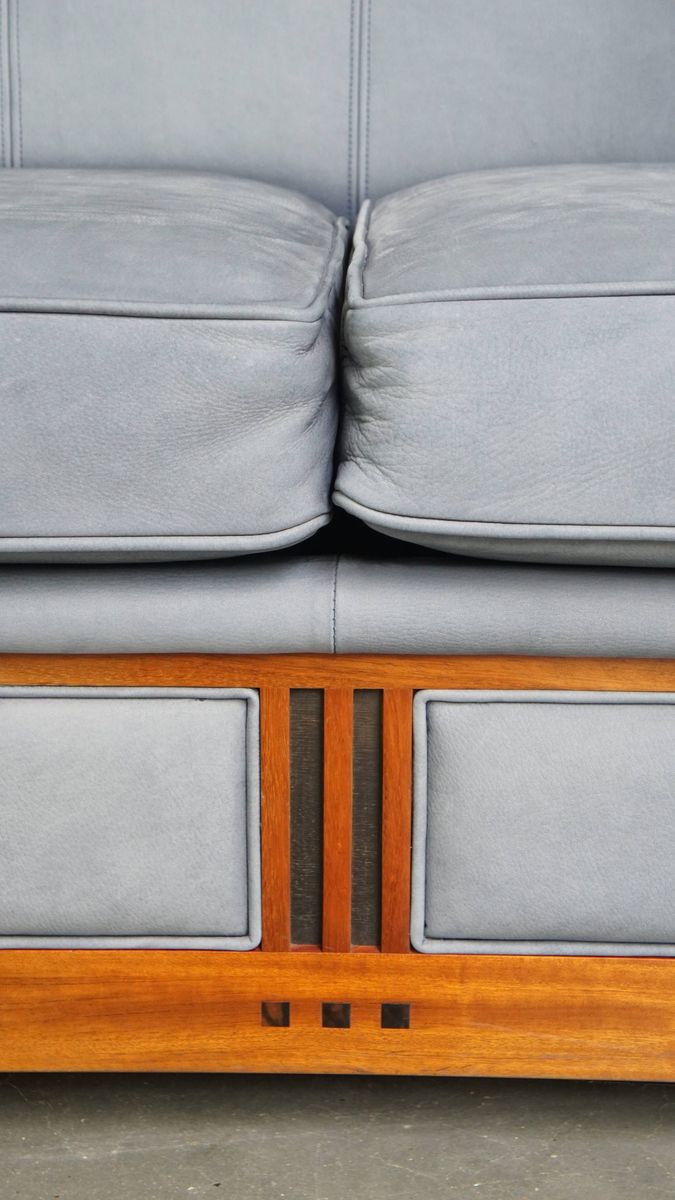 Leuke Schuitema Art Deco Design Bank Met Mooie Blauwe Nubuck Lederen Bekleding image 9