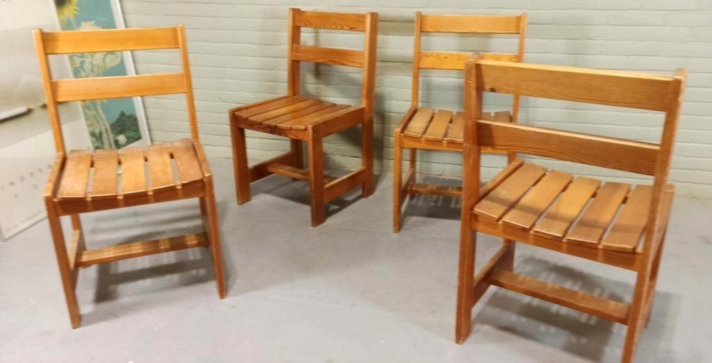 Set Van 4 Vintage Massief Grenen Eetkamerstoelen image 16