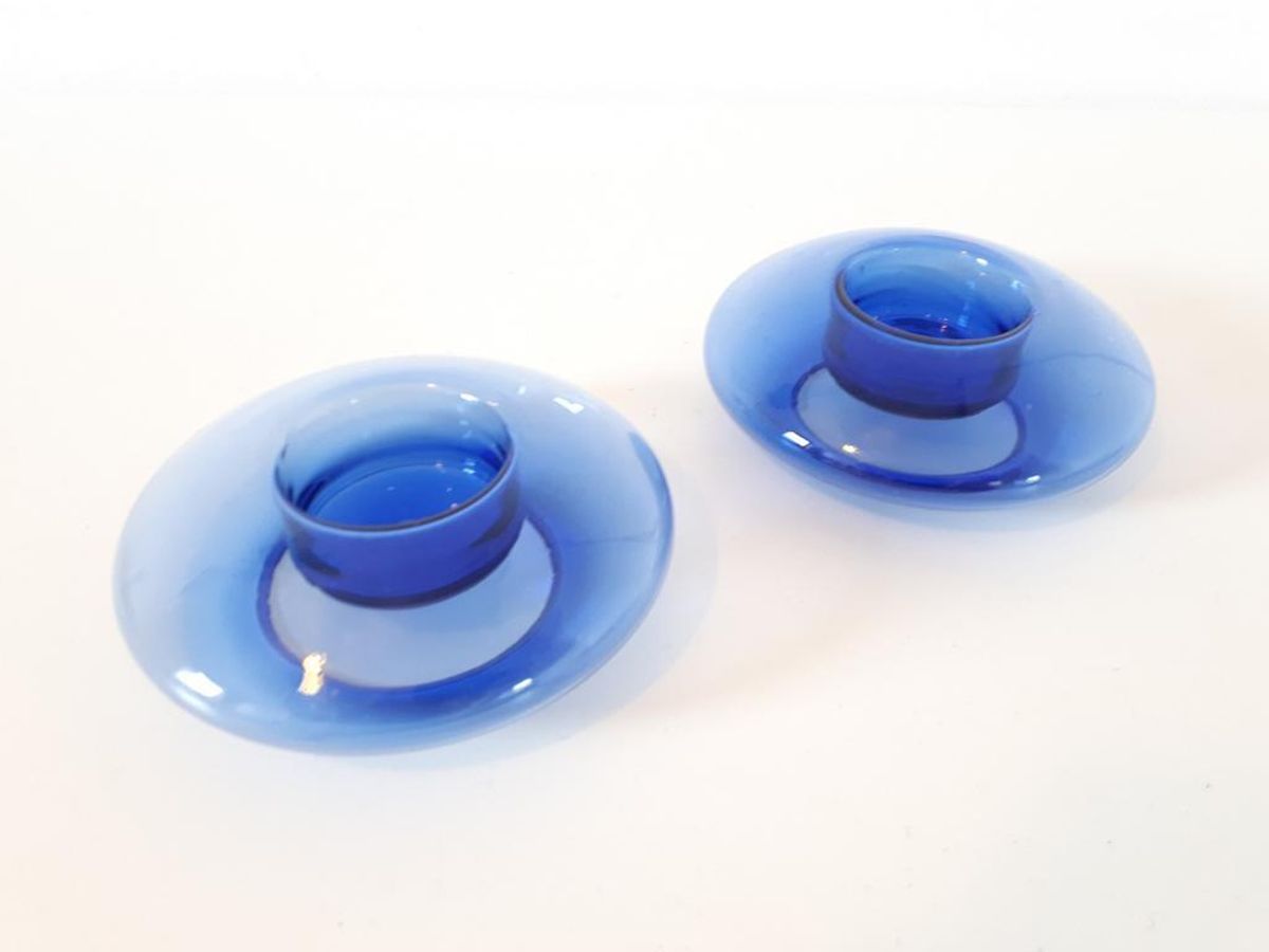 80's 2 Vintage Glazen Waxinehkuders Kobalt Blauwe Kandelaars image 2