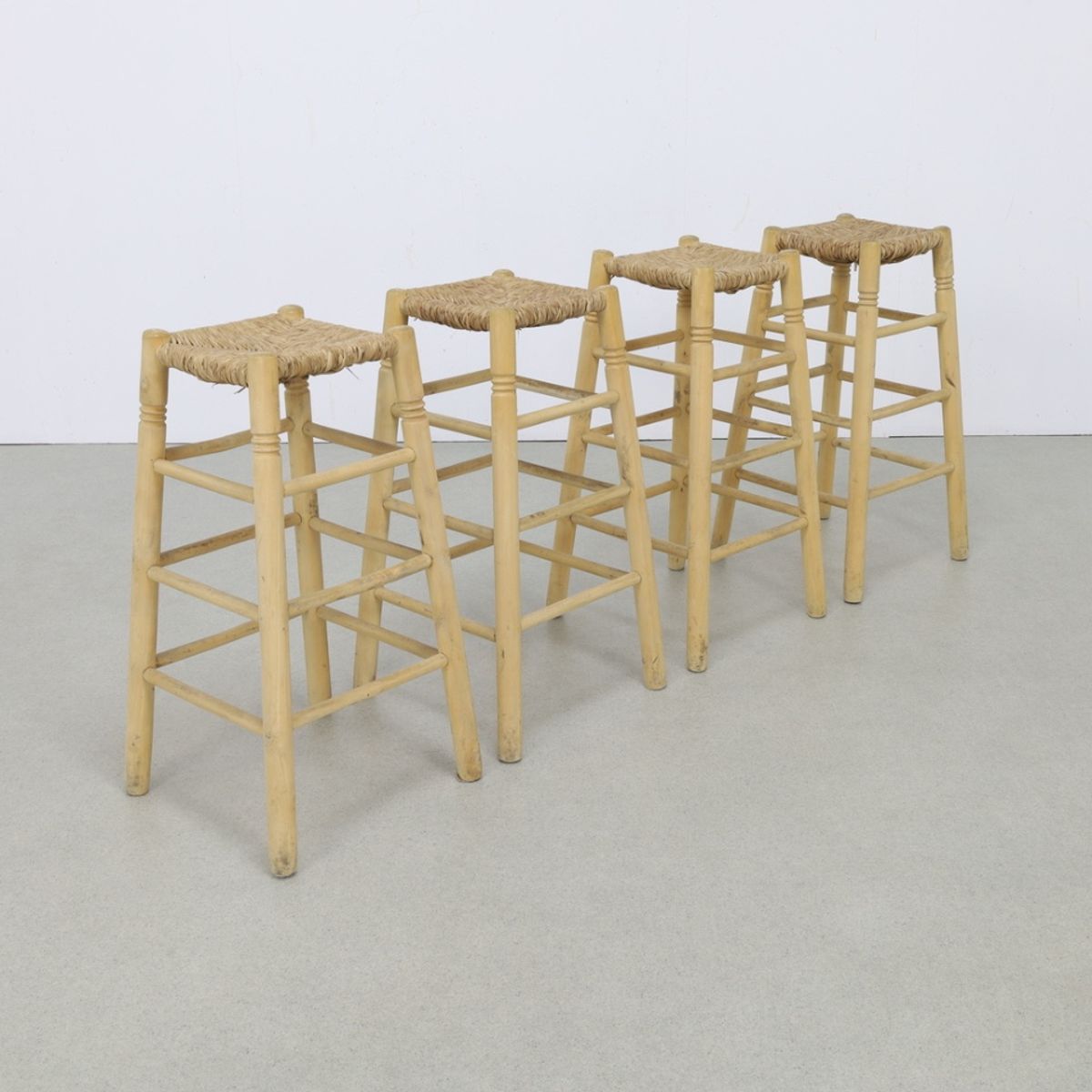 4x Vintage Barkruk Hout En Riet 1970s image 5