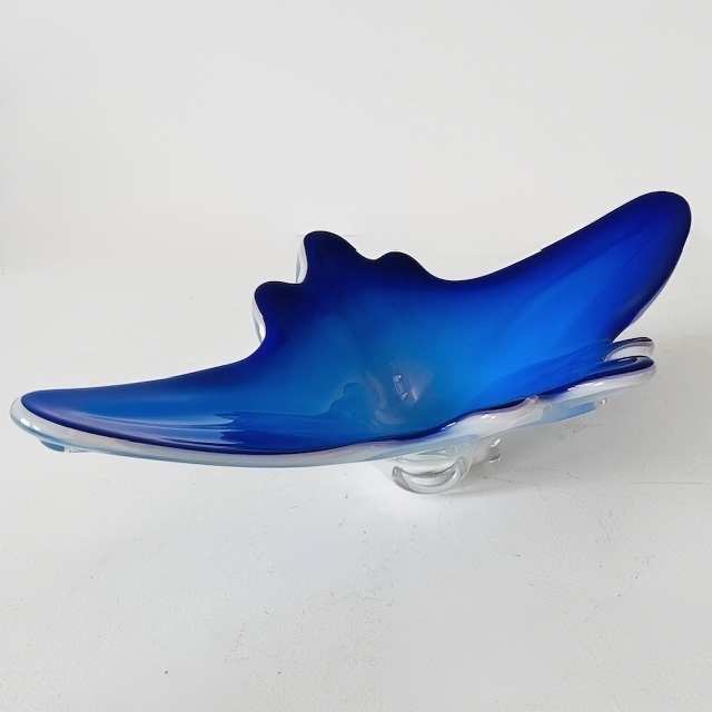 Vintage Xl Murano Glas Schaal Blauw Wit Helder Glas Mid-century 1970’s image 3