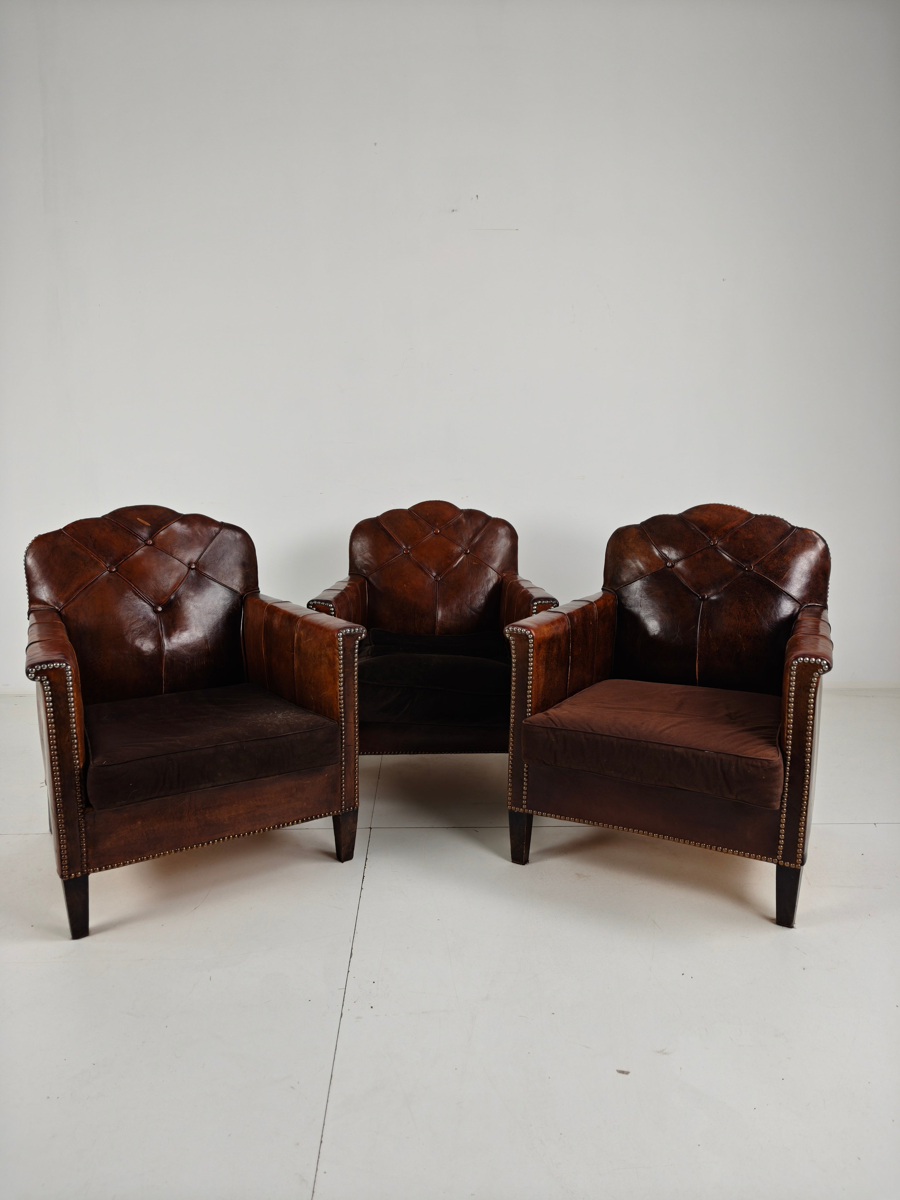Prachtige Set Van 3 Leren Clubstoelen – Jaren 30 Schapenvacht image 5