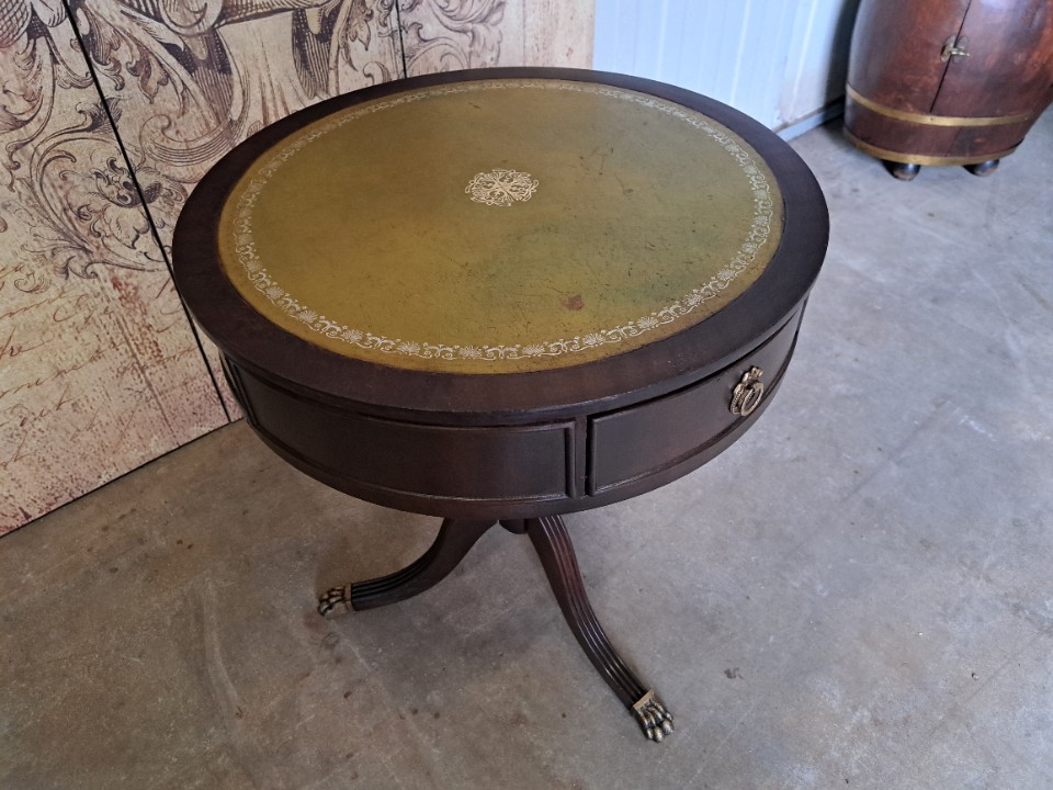 Antieke Pedestal Tafel, Bijzettafel Met Lederen Inleg, image 4