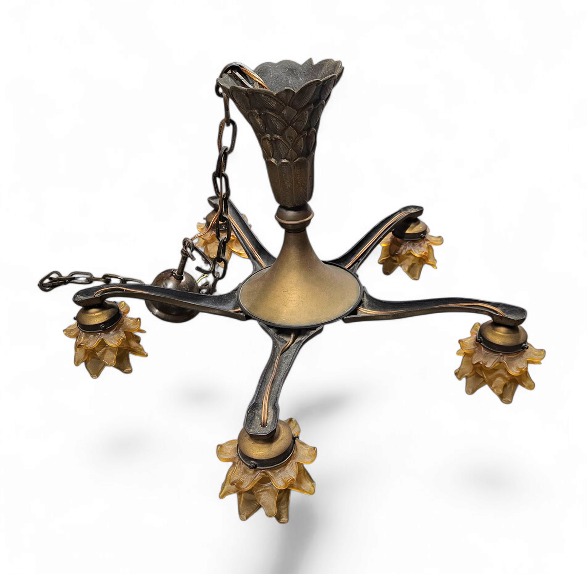 5 Arms Art Deco / Art Nouveau / Brass Hanging Lamp / Hand Blown Floral Shades image 2