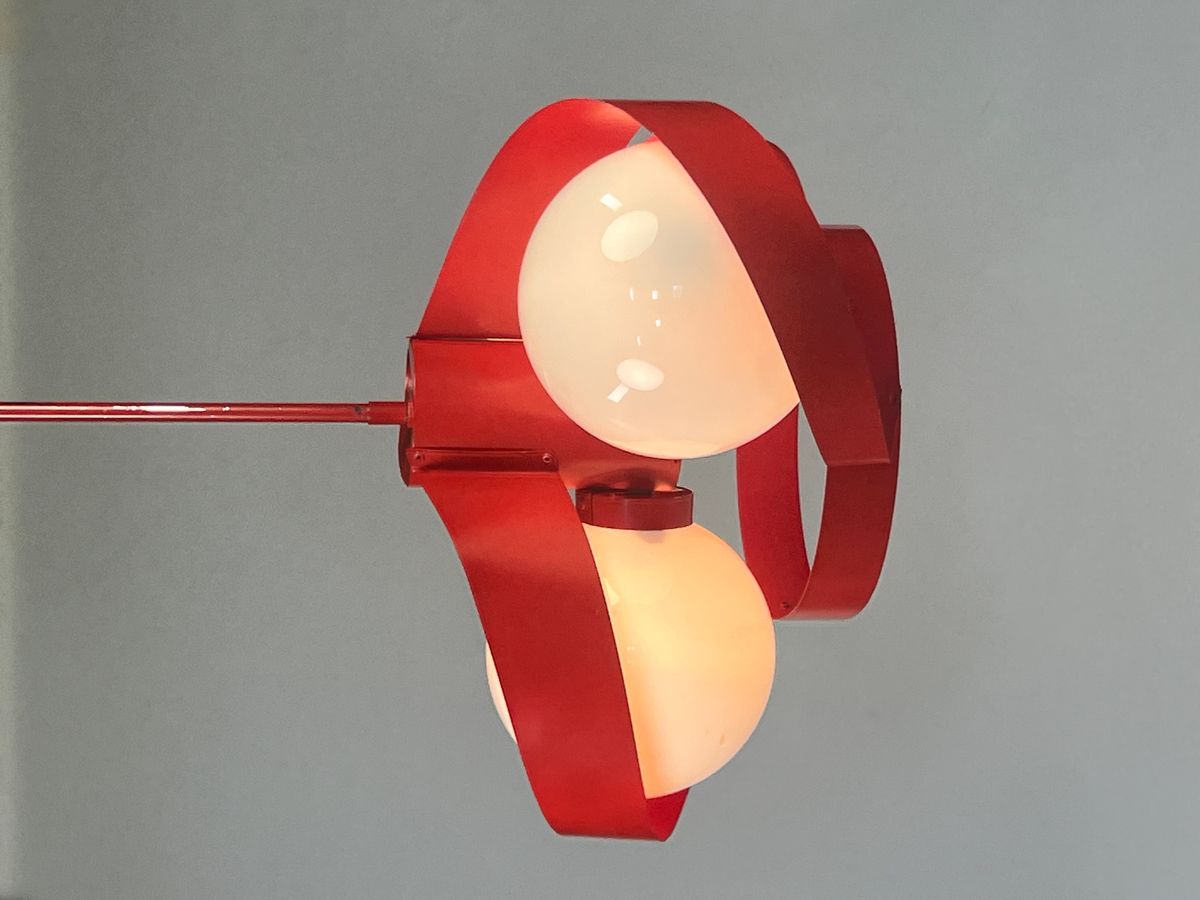 Vintage Rode Metalen Hanglamp / Kroonluchter, Space Age, België 1970's image 5