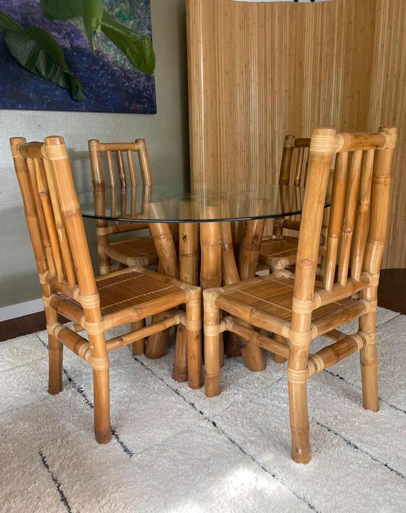 Vintage Boho Bamboe Eetkamerset - Eettafel Met Stoelen image 11