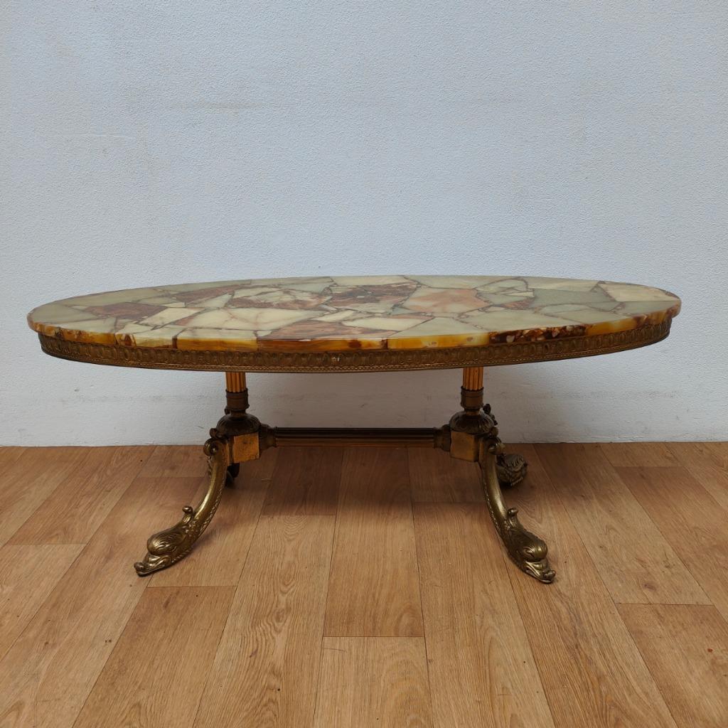Vintage Ovale Messing Salontafel Koffietafel Met Marmer Blad image 2