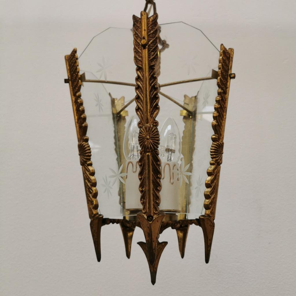 Vintage Franse Messing Lantaarnlamp, Hanglamp, Lamp Met Ketting image 9