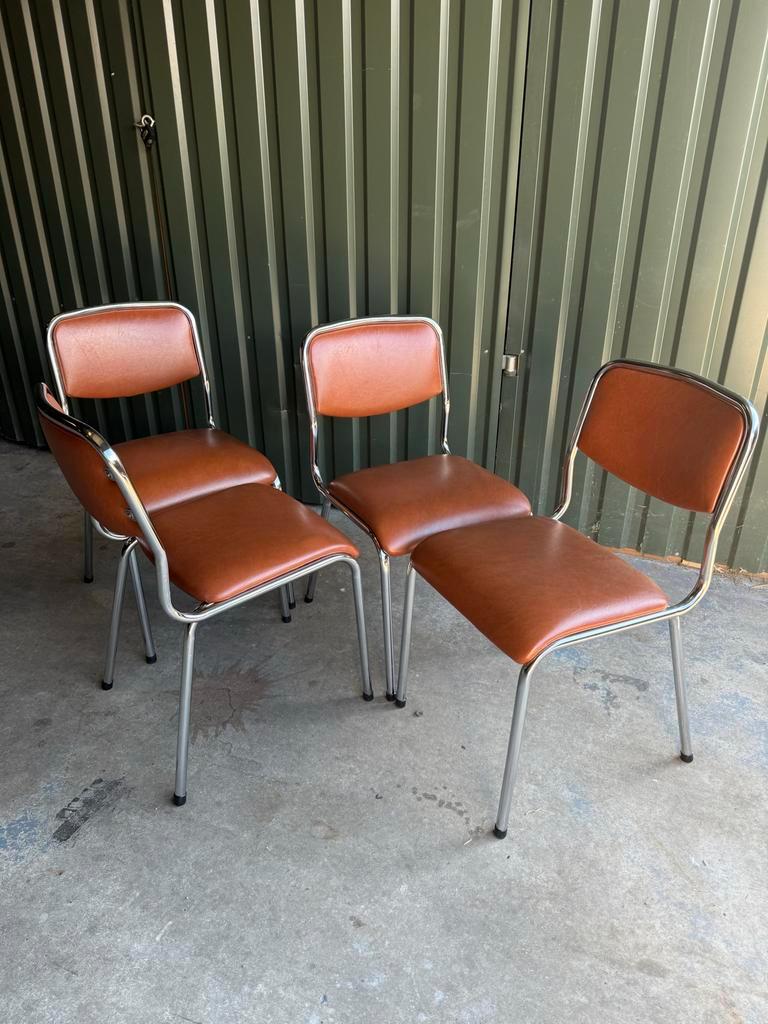 Set/4 Italian Mid-century Tavo Stoelen In Cognac Skai Leder image 11
