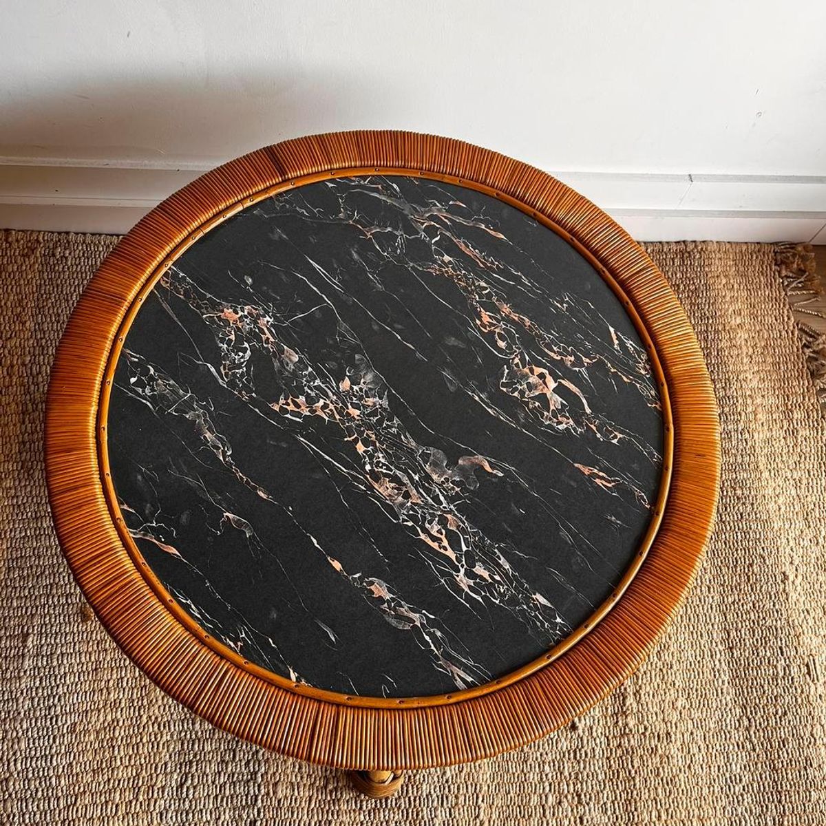 Sale ! Rotan Bamboe Salontafel Met Marmer Look Vintage image 6