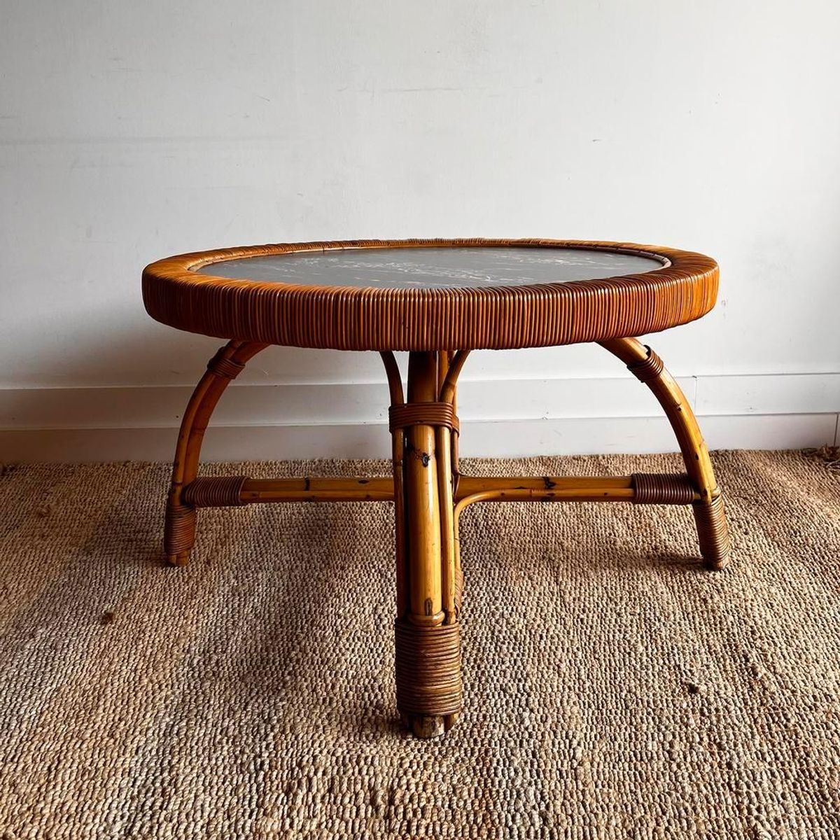 Sale ! Rotan Bamboe Salontafel Met Marmer Look Vintage image 4