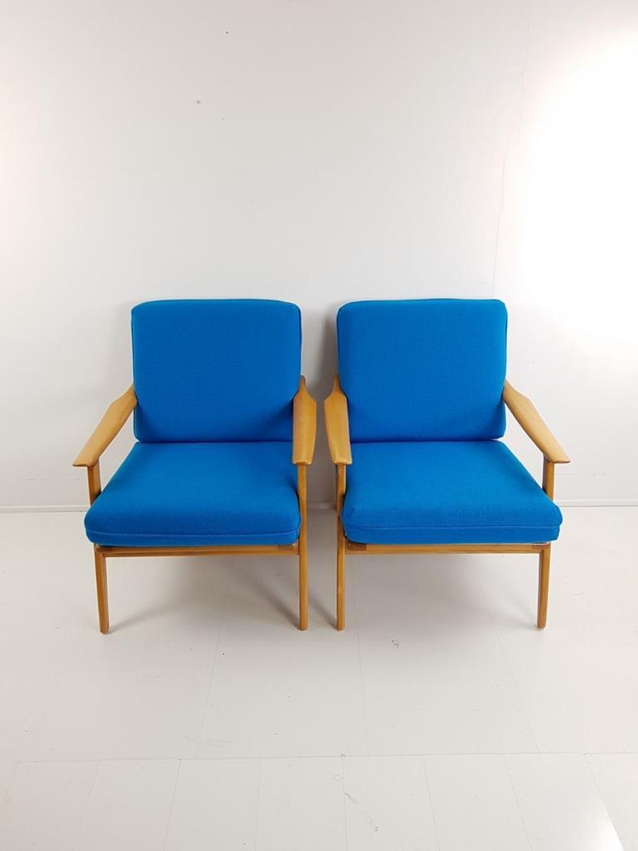 2 Blauwe Fauteuils | Wollen Ploegstof Blauw Vintage image 8