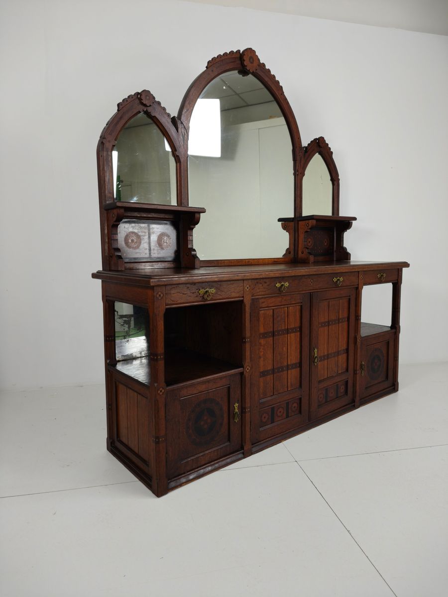 Zeldzaam 19e-eeuws Engels Arts & Crafts Eikenhouten Dressoir Van Pratt & Prince – Inlegwerk Met Zonnebloemmotie image 7