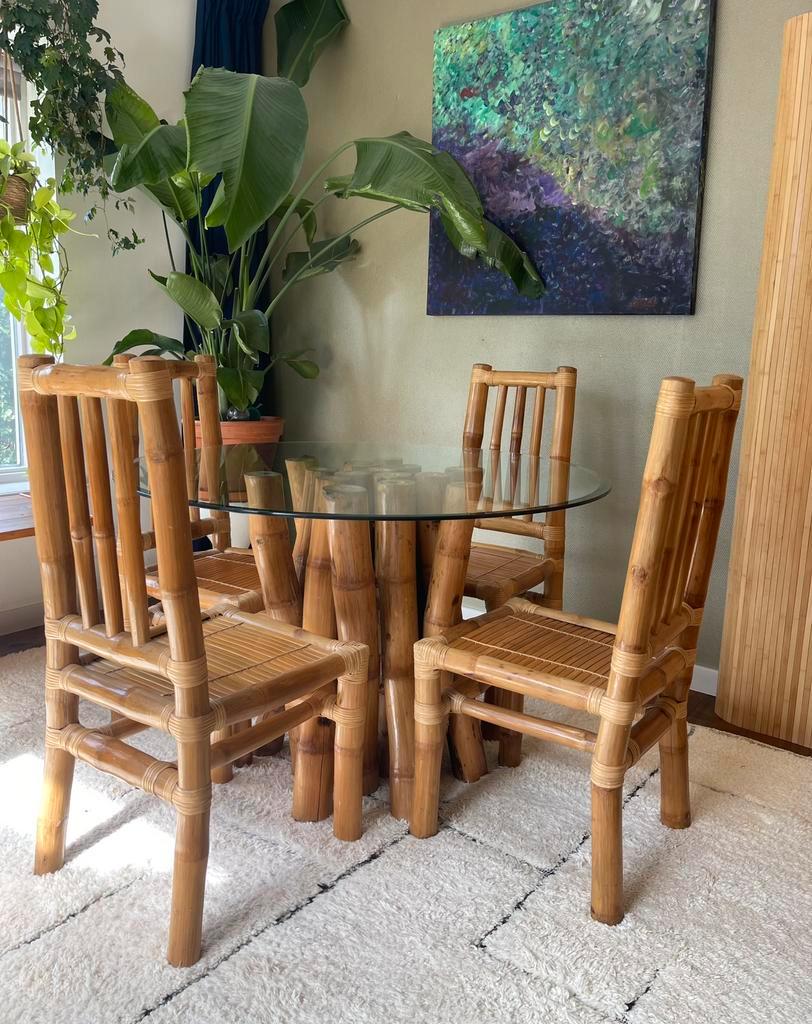 Vintage Boho Bamboe Eetkamerset - Eettafel Met Stoelen image 5