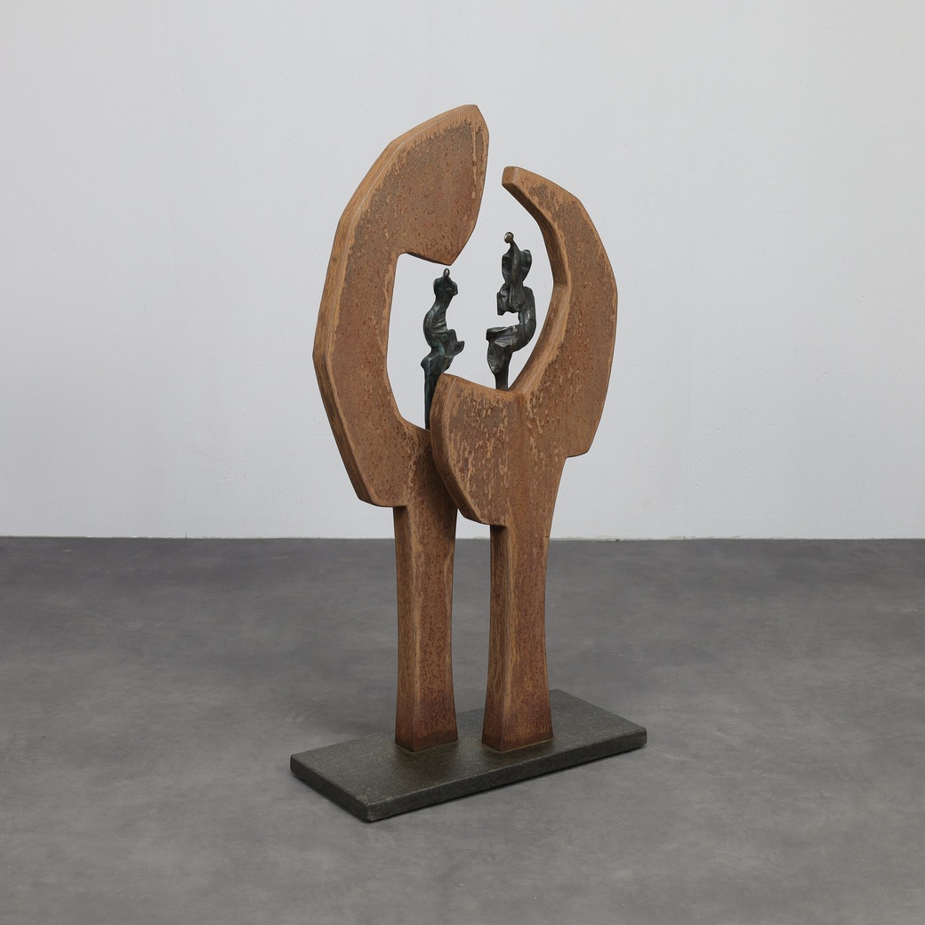 Contemporary Stone & Metal Sculpture With Bronze Figures image 3